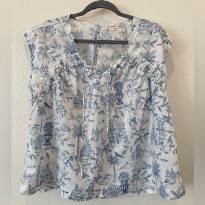 Lucky brand top blue toile print ruched 100% cotton small natural fiber
